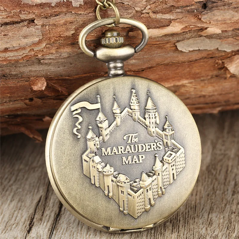 Bronze Engraved Castle Map Pattern Men Women Quartz Pocket Watch Sweater Necklace Chain Full Hunter Retro Timepiece Gift