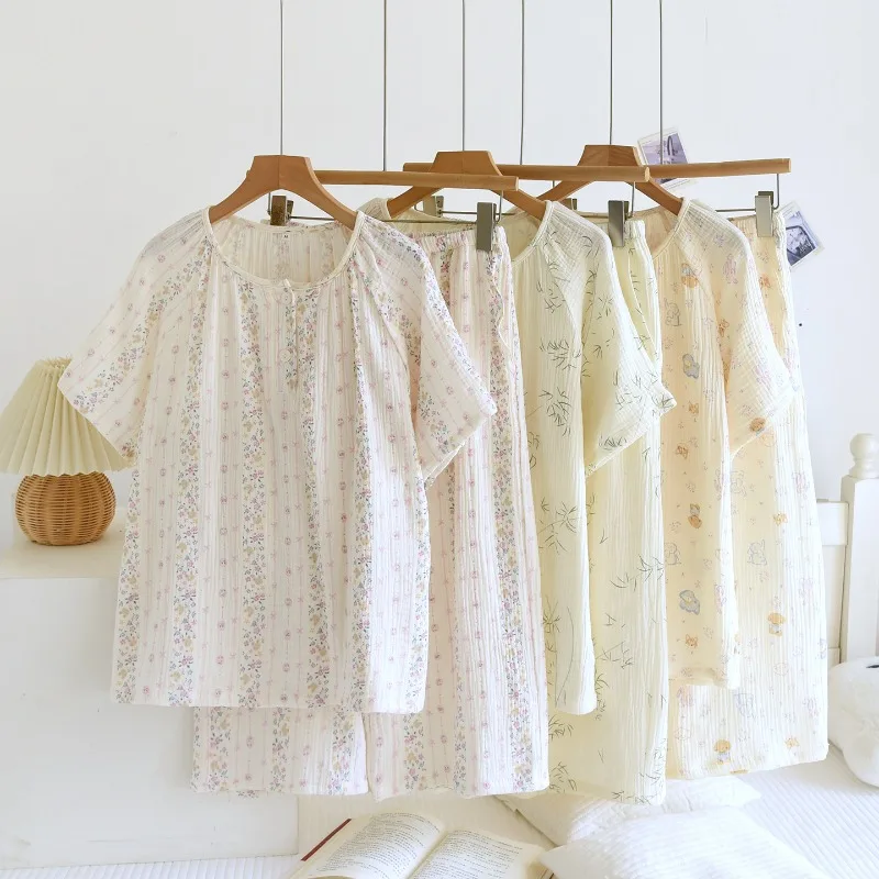 2026 New Women's Spring/Summer Pajama Set 100% Cotton Crepe Round Neck Short Sleeve+cropped Pants Fresh Floral Home Clothes