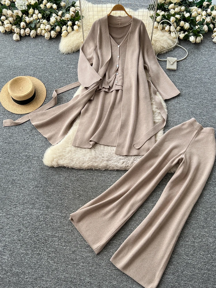 

Loose Knitted Open Cardigan Long Sve Base Layer High Waist Wide Leg Pants Set Casual Faion Women's Autumn Wear