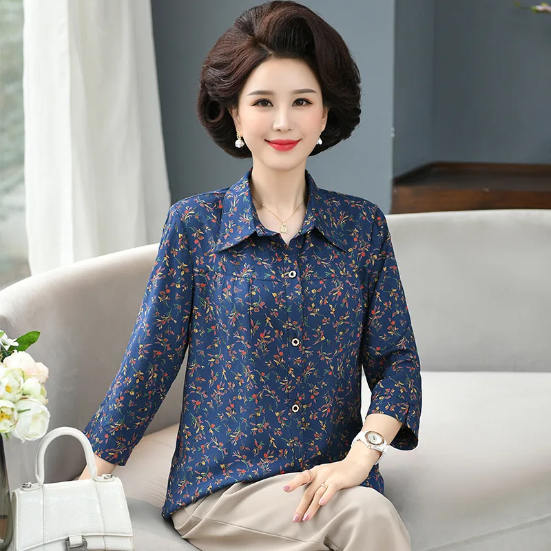 

Women Shirts Spring Summer Tops Cotton Turndown Collar Fashion Printed Single Breasted Middle-age Mother Clothing XL-6XL