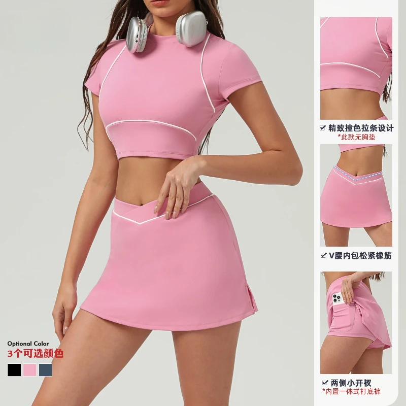 Breathable Yoga Golf Tracksuit Short-sleeved Crop Tops with High Waist Mini Skirts Built-in Shorts Quick-dry Women 2pcs Gym Set