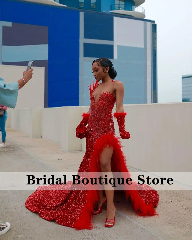 Luxury Diamonds Red Mermaid Prom Dress 2023 Two Gloves Sequins Crystal Beads Rhinestones Feathers Wedding Party Dress Robe