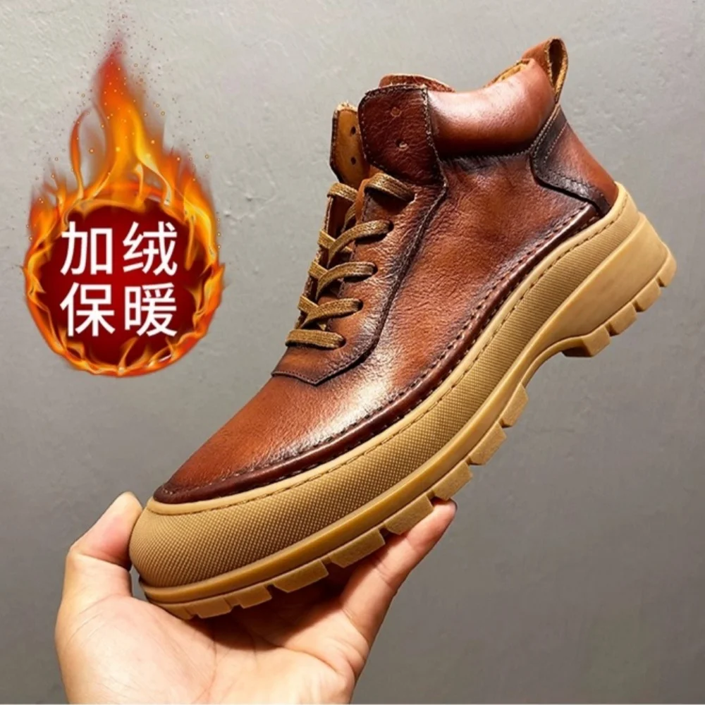 

QHCCID Men's Boots Autumn Winter ADD Short Plush Keep Warm Genuine Leather Lining Material Cowhide Boots Two Options Are Availab