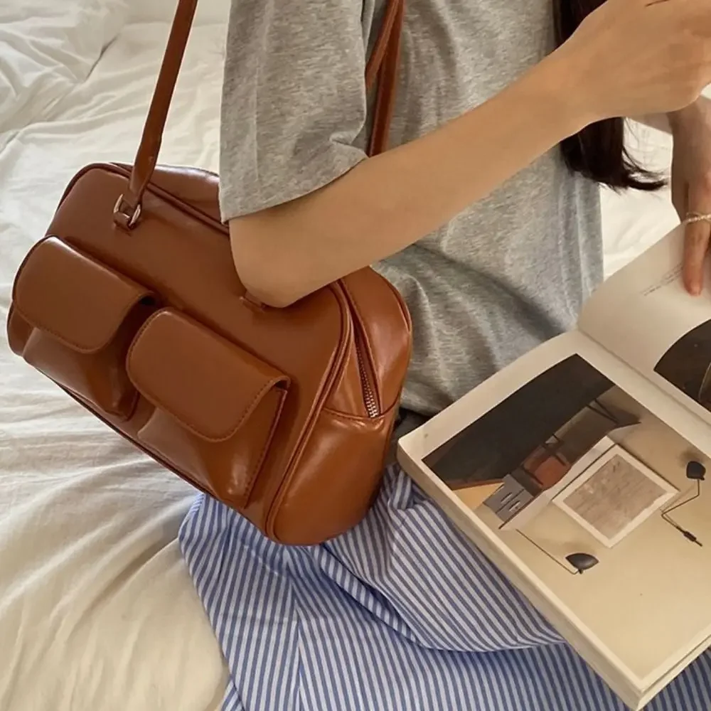 

New Solid Color Crossbody Bags High-capacity PU Satchel Hobo Bag Retro Underarm Bag