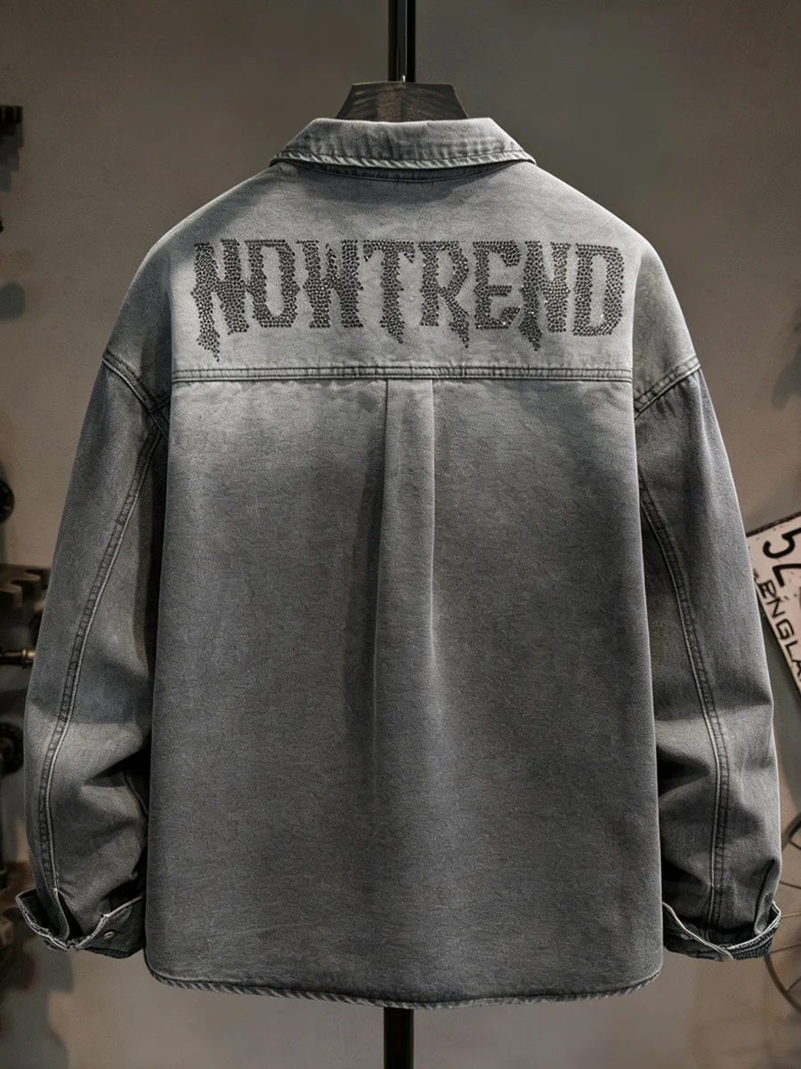 

ey Letter Rhinestone Denim irt Men's Loose Trendy American Waed Long Sve Top Faionable Youth Casual Urban Sle