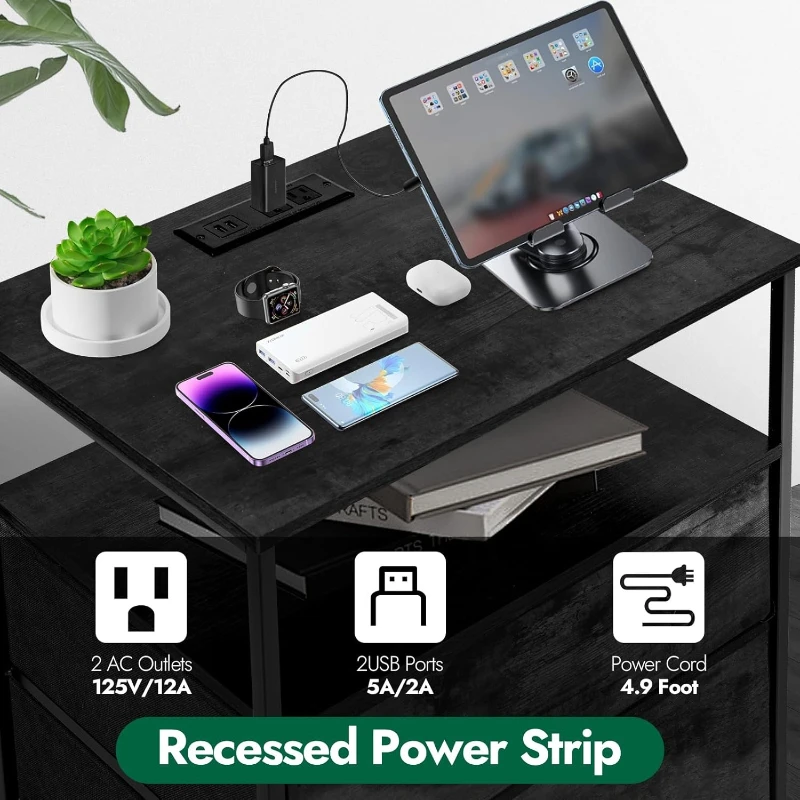 محطة شحن 3 أدراج، مجموعة حامل ليلي LED بعرض 24 بوصة، 2 مع رف تخزين درج قماشي قابل للتعديل لغرفة النوم باللون الأسود #4