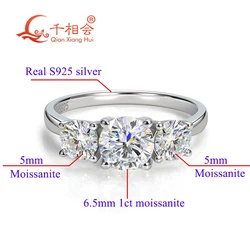 1ct 6.5mm with 5mm three stone 925 Silver ring D VVS white moissanite eternity band rings jewelry gift wemon wedding