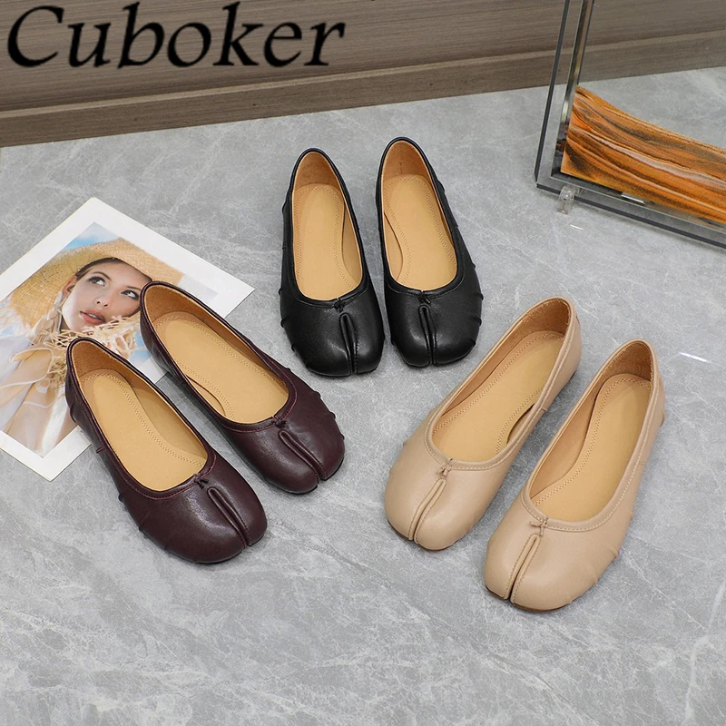 2024 Summer Split Toe Low Heel Single Shoes Women Designer Pleated Real Leather Ballet Shoes Elegant Dress Loafers Shoes Mujer