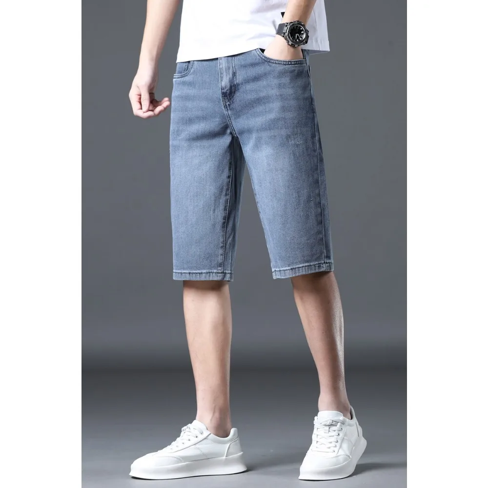 New denim shorts for men's summer loose straight leg knee length elastic cargo jeans  men clothing baggy jeans streetwear men