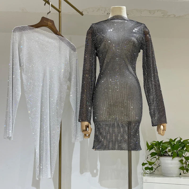 Fashion Diamond Encrusted Glittering Europe And The United States Trend Long-sleeved Slim Hollow Mid-length Dress