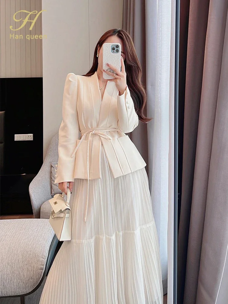 H Han Queen Autumn New Skirt Suit Women Elegant Korean Lace-Up Fashion Blazer + Long Mesh Skirt Casual Evening Party 2-Piece Set