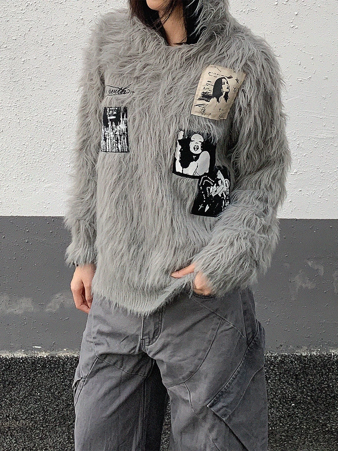 

USKM American Retro Patchwork Knitted Fur Hoodie Women Loose High-End Lazy Plu Jaet Street Sle Winter Long Sve Thermal