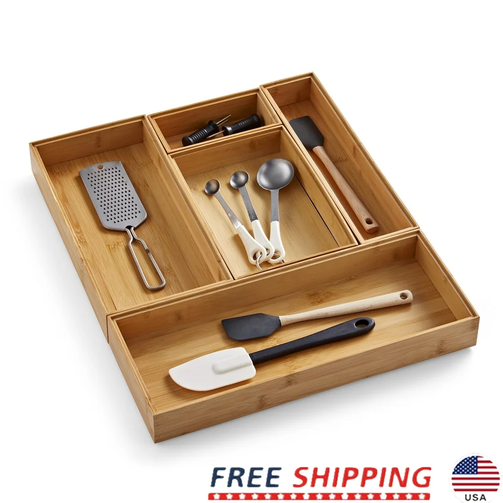 

5pc Bamboo Drawer Organizer Set Eco-Friendly Storage Boxes Kitchen Office Bathroom Jewelry Cosmetics Accessories