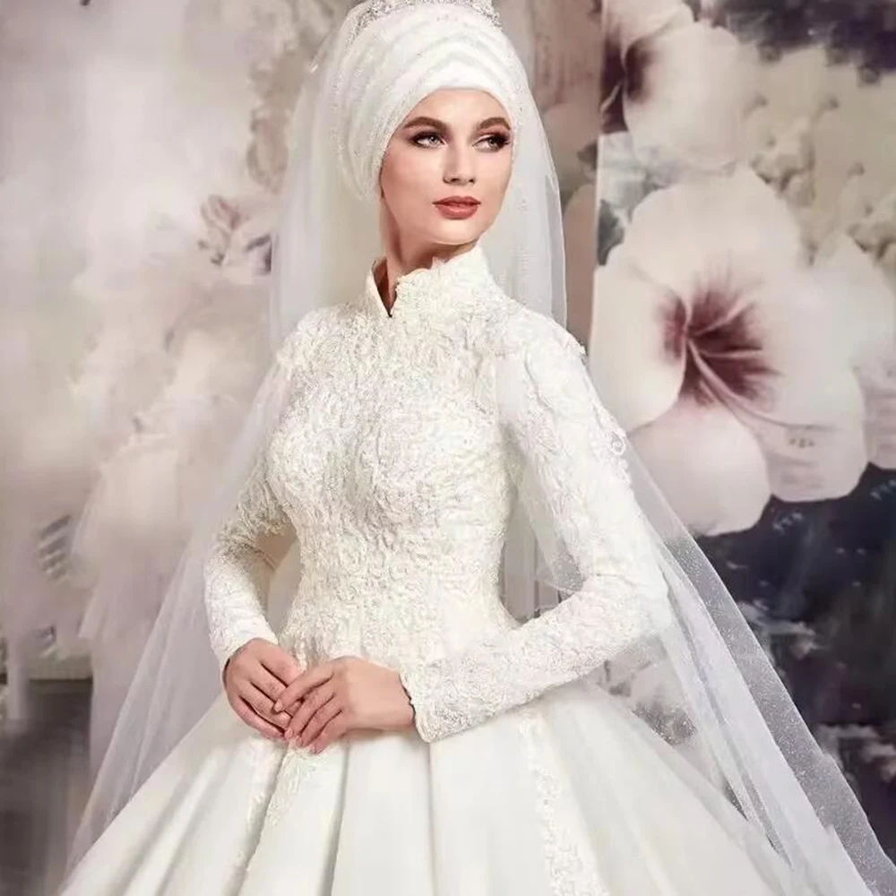 신부를 위한 맞춤형 무슬림 웨딩드레스, 하이넥 긴팔 튤 레이스 아플리케 비딩 브라이덜 가운 로브 드 마리에 의상