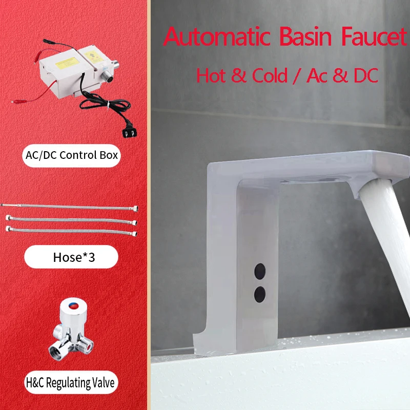 

white color automatic basin faucet taps body full brass copper mixer water cold & hot ac 220 voltage and battery power 6 voltage