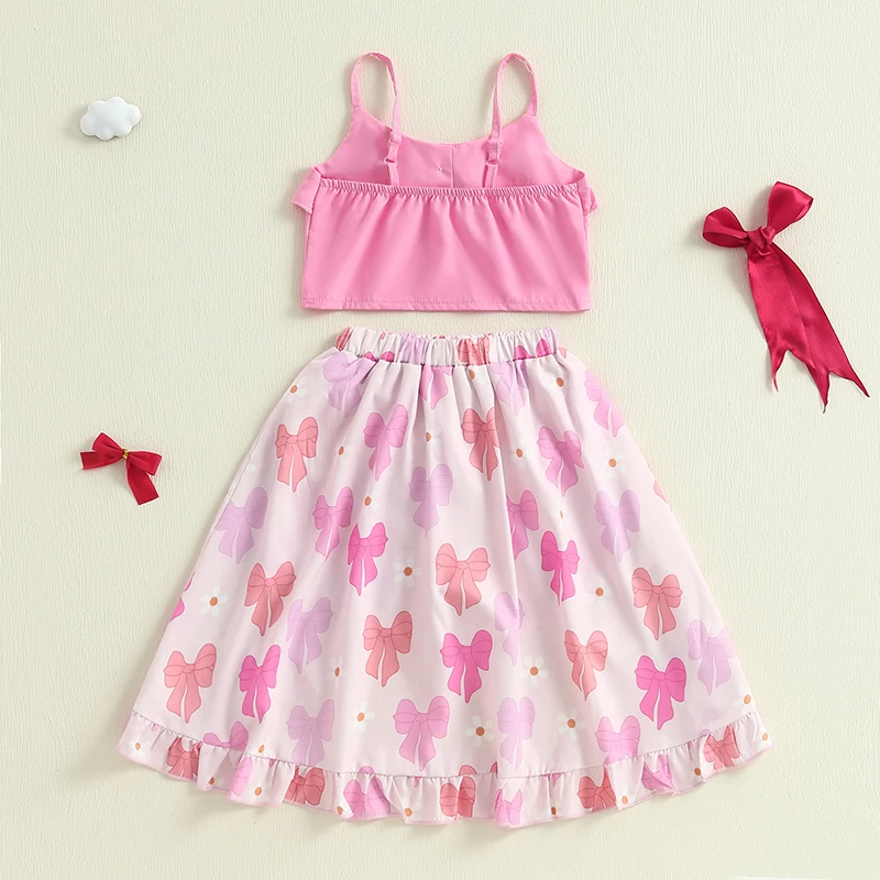 3-6Y Toddler Kids Baby Girl Clothes 2pcs Outfits Sleeveless Camisole and Bow Print High Low Ruffles Skort Summer Child Set