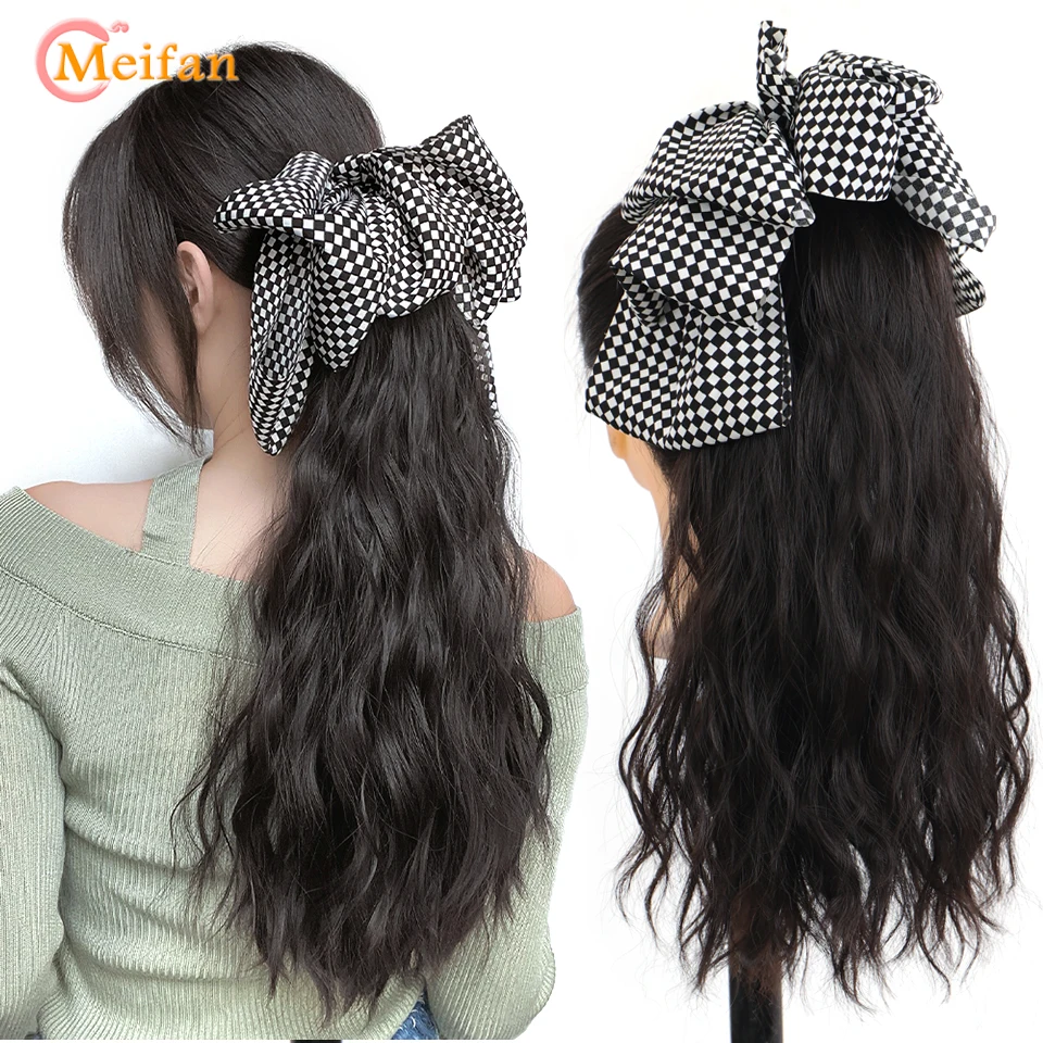 

MEIFAN Synthetic Bowknot Hairpin Long Claw Ponytail Hair Extension For Women Natural Fake Ponytail Korean Cute Pigtail Hairpiece