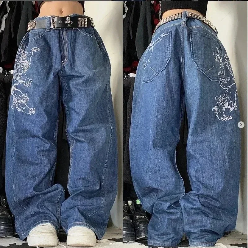 2024 New American Harajuku Vintage Straight High Waist Y2K Women Washed Blue Pocket Baggy Jeans Street Style Gothic Wide Pants