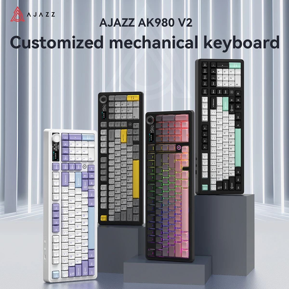 AJAZZ AK980 V2 Mechanische Gaming-Tastatur, Bluetooth/2,4 G, kabellose/kabelgebundene Schnittstelle, 1,14-Zoll-TFT-Farbbildschirm zeigt die Zeit an