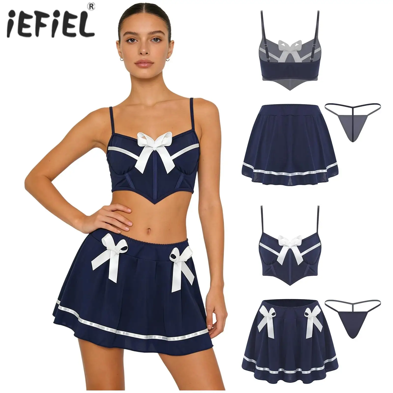 

Womens Anime Maid Sexy Lingerie Set Cute Bow Decor Sweet Schoolgirl Push-up Underwire Crop Tops T-back Thong And Pleated Skirt