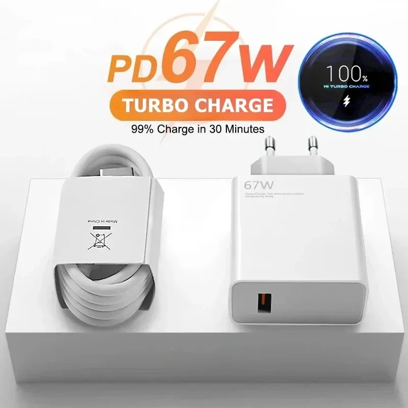 67W USB Super Fast Charger Power Adapter With 6A Type-C Cable Quick Charge Applicable to Mobile Phone For Xiaomi Samsung Huawei