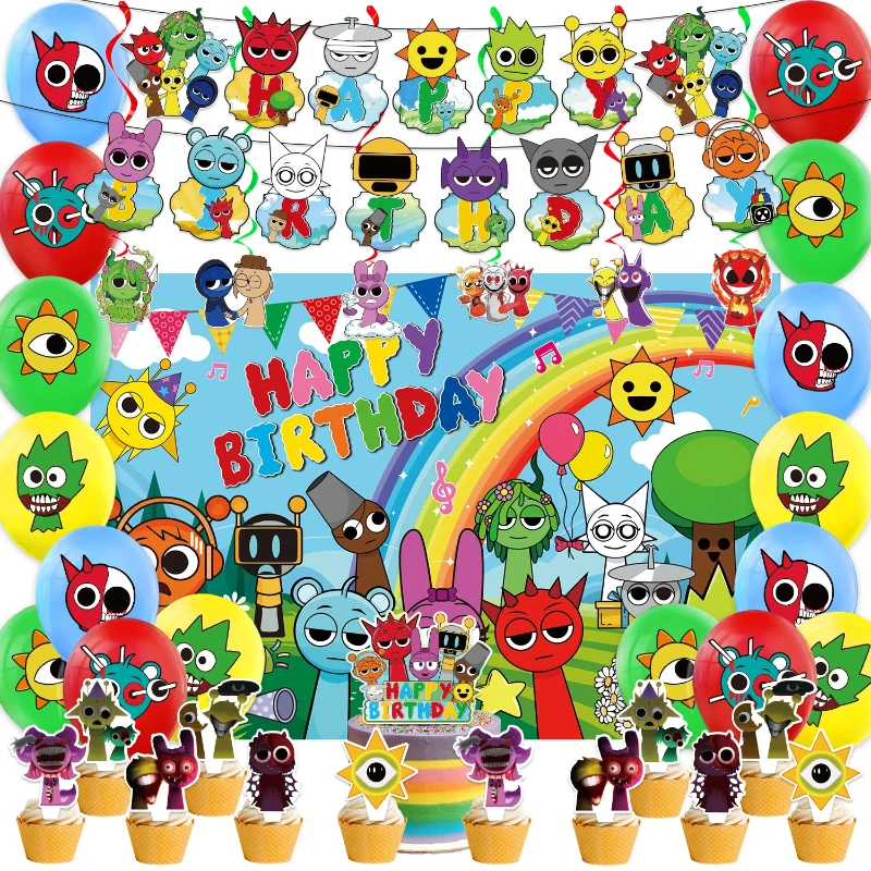 Incredibox Sprunki Theme Cartoon Cute Birthday Party Decoration Rhythm Box Birthday Flag Cake Balloon Kids Christmas Gifts