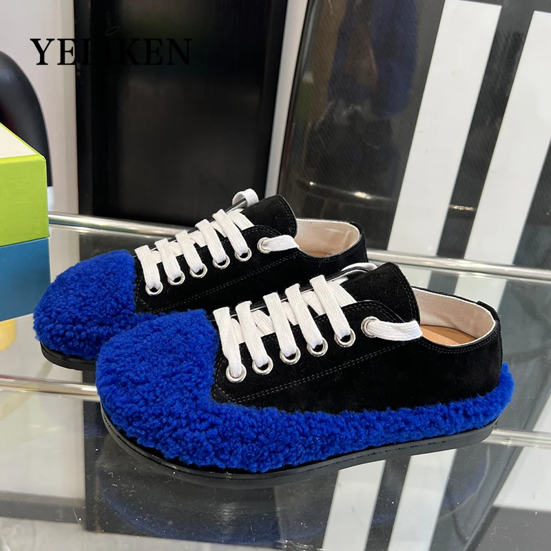 Autumn Winter Women Furry Single Shoes Retro Driving Shoes Sheep curled wool canvas Lace up Flat Shoes Girls Casual Walking Shoe