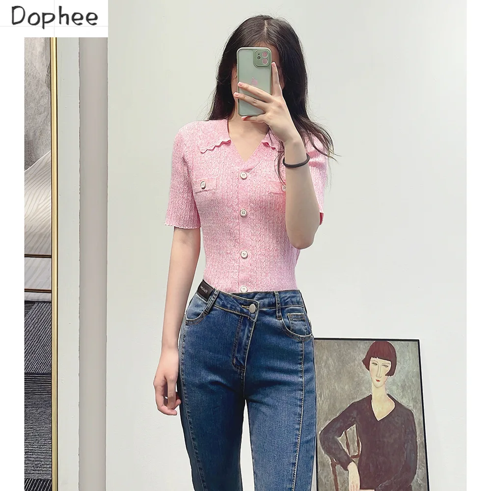 High Quality New Summer Women Pink Knitting Shirts Short Sleeve Sweater Turn-down Collar Single-breasted Slim Basic Knit Top