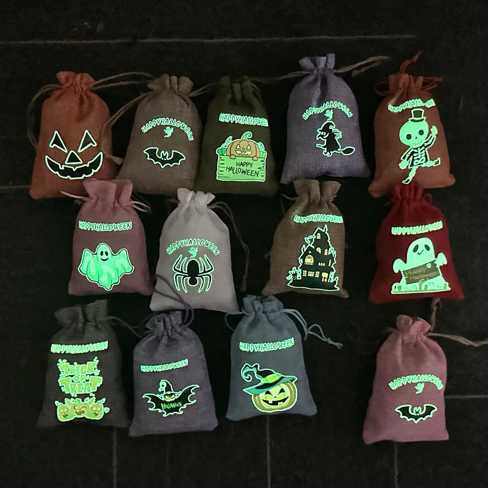 

50pcs/Lot New Luminous Halloween Gift Pouches Drawstring Linen Bags Candy Cookie Decorative Packaging Bag Children's Pouch