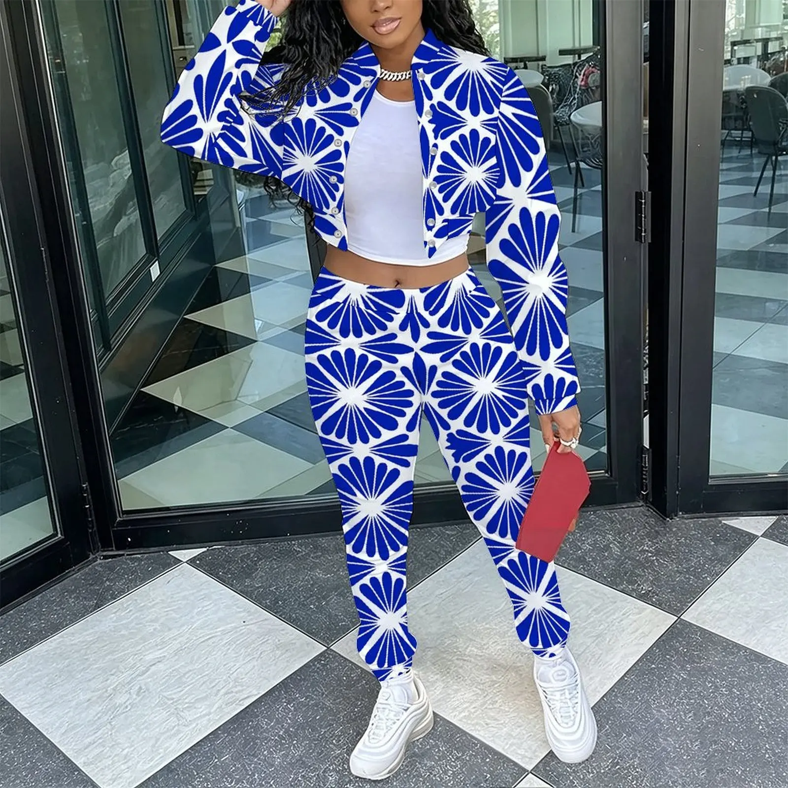 Female Fashion Two‑Piece Set Retro Long Sleeve Stand Collar Jacket  Slim Fit Long Pants Ladies Everyday Commuting Elegant Outfit