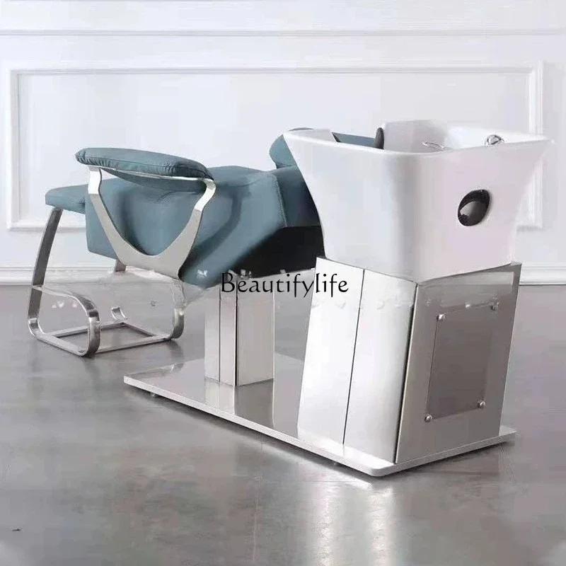 88.-Barber Shop Stainless Steel Semi-reclining Hair Shampoo Bed Ceramic Basin Hair Bed