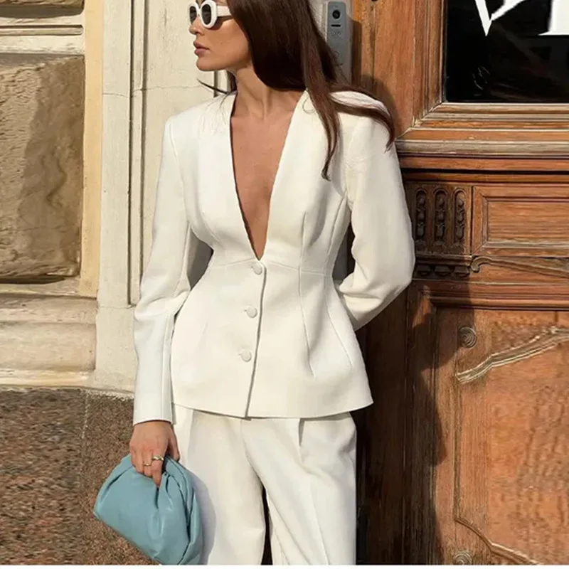 Elegant 2-Piece Sets for Women Deep V-neck Long Sleeve Coat Tops Loose Casual Trousers Pants Women's Suits Minimalism White New