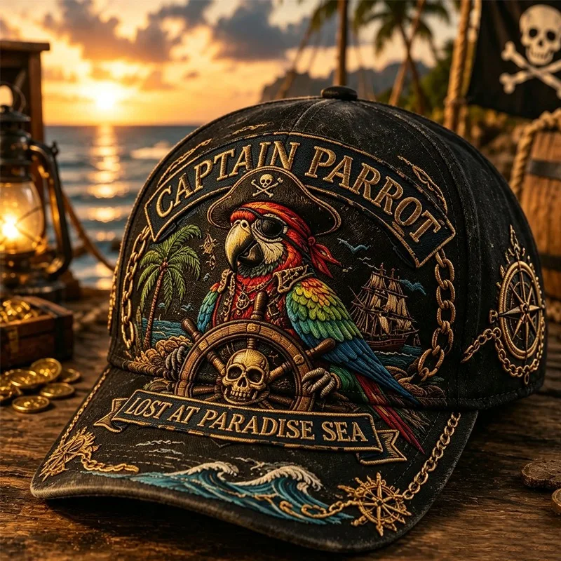 New Vintage Pirate Parrot Wave Print Baseball Cap Island Vacation Style Versatile Sunshade Casual Outdoor Unisex Hat