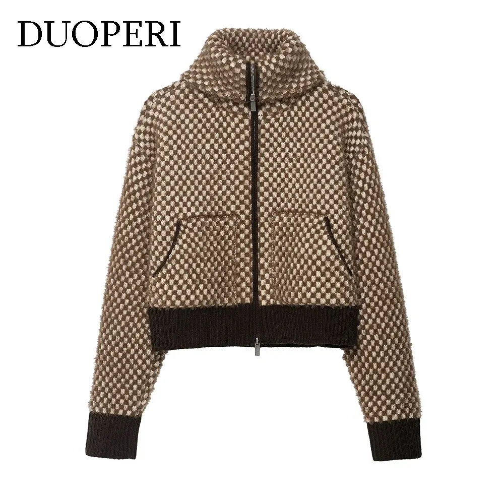 

DUOPERI Women Fashion With Pockets Plaid Knitted Bomber Jackets Front Zipper High Neck Long Sleeves Female Chic Lady Outfits