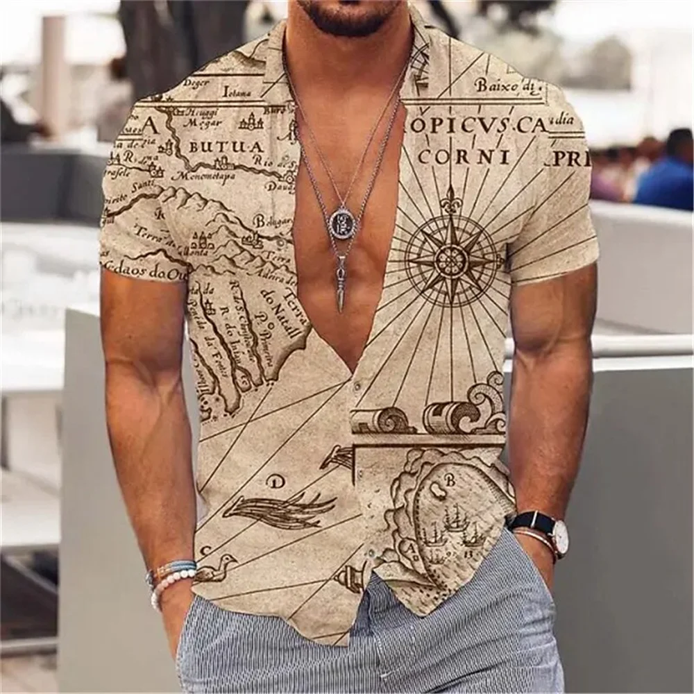 Vintage Men\'S Sailing Hawaiian Casual Shirt For Blouse Men Fashion Short Sleeve Summer Street Top Male Clothes Camisas Casuais