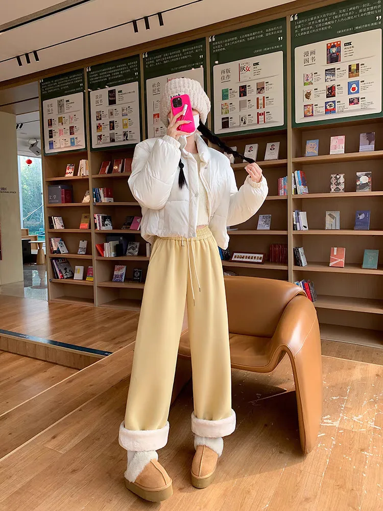 

Широкие брюки Уличная одежда Женская зимняя шерстяная домашняя одежда Уютная клетчатая функциональная эластичная флокированная подкладка для отдыха Ребристая нежная ПР