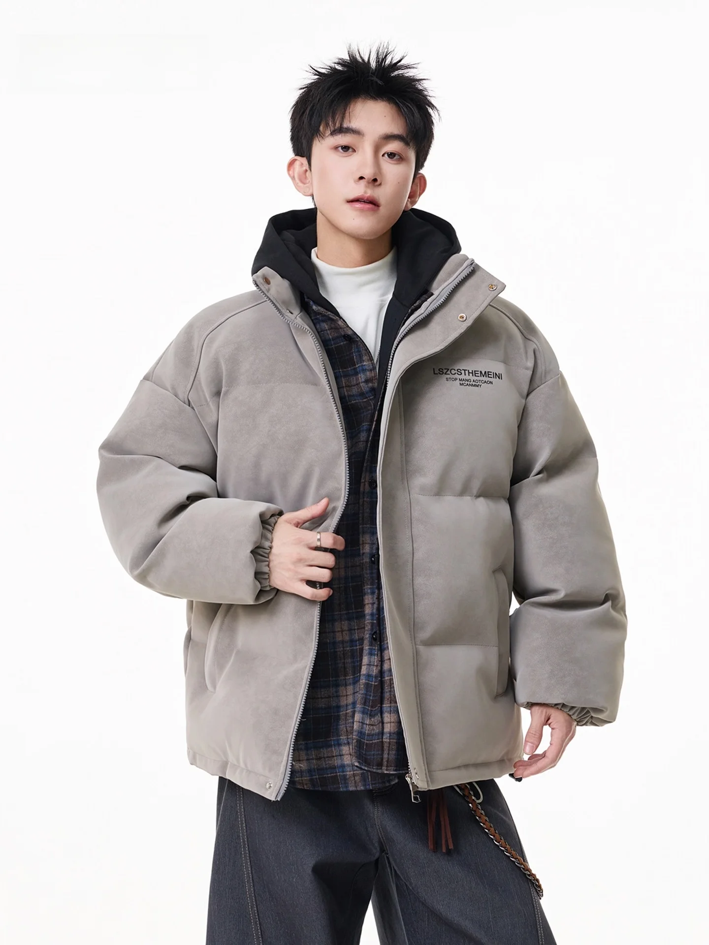 

American Thiened Dyed Letter Collar Cotton Jaet PU Leather Cotton Coat Men Women Winter Cleanfit Windproof Zipper Closure