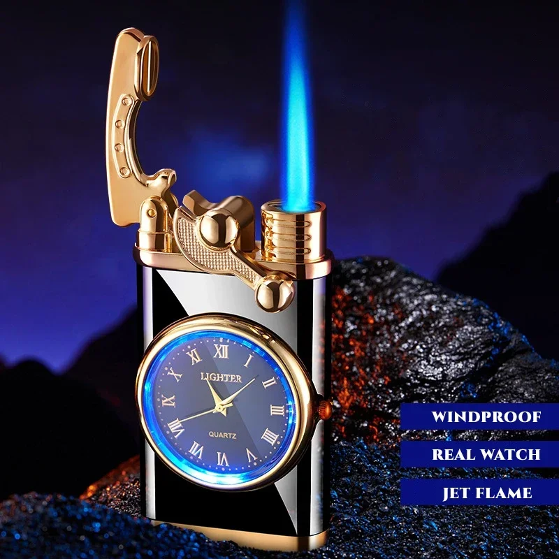 2024 Creative Quartz Watch Windproof Lighter Metal Blue Light Butane Flame Rocker Lighter Gift For Men