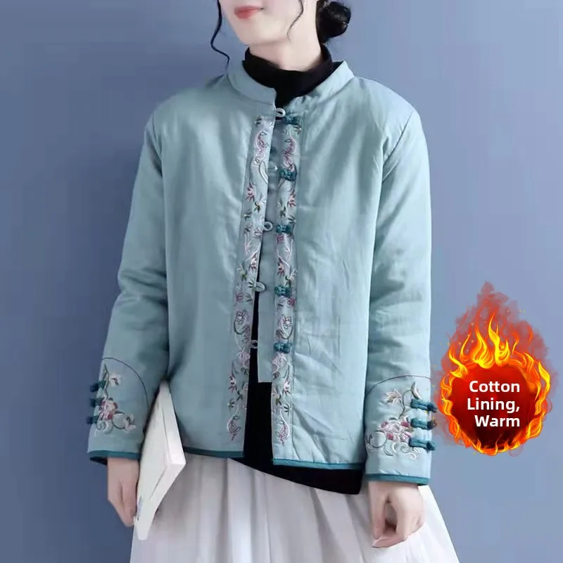 

Embroidered Cotton Linen Jaet plus Size Women's Long Sve Stand Collar Buttoned Warm Cotton Winter Outerwear Commute Sle