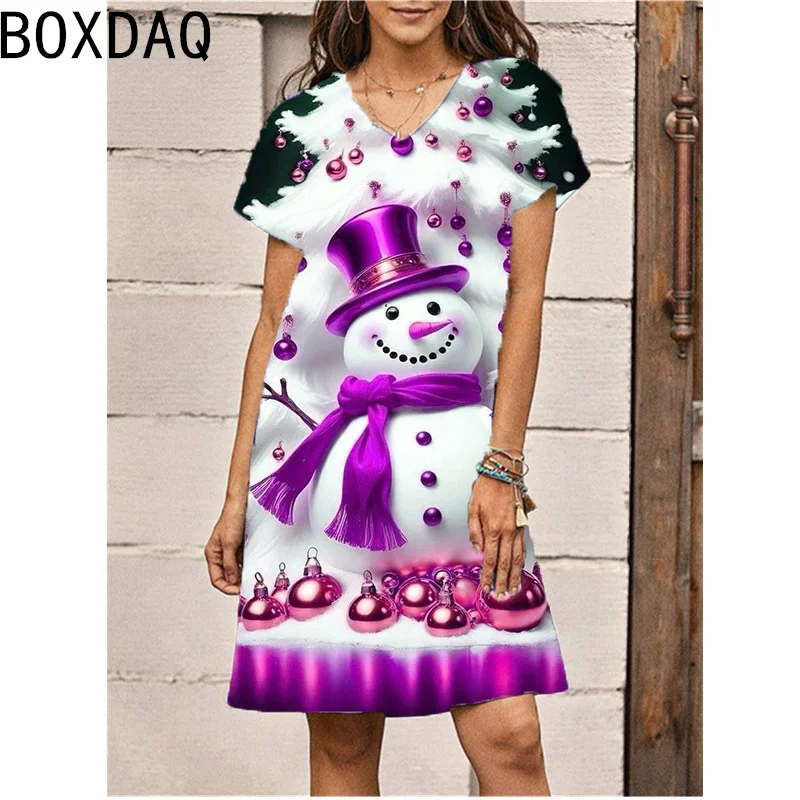 New Women\'s Christmas Dress 3D Cartoon Fun Snowman Print Mini Dress Short Sleeve V-Neck Casual A-Line Dress Vestidos