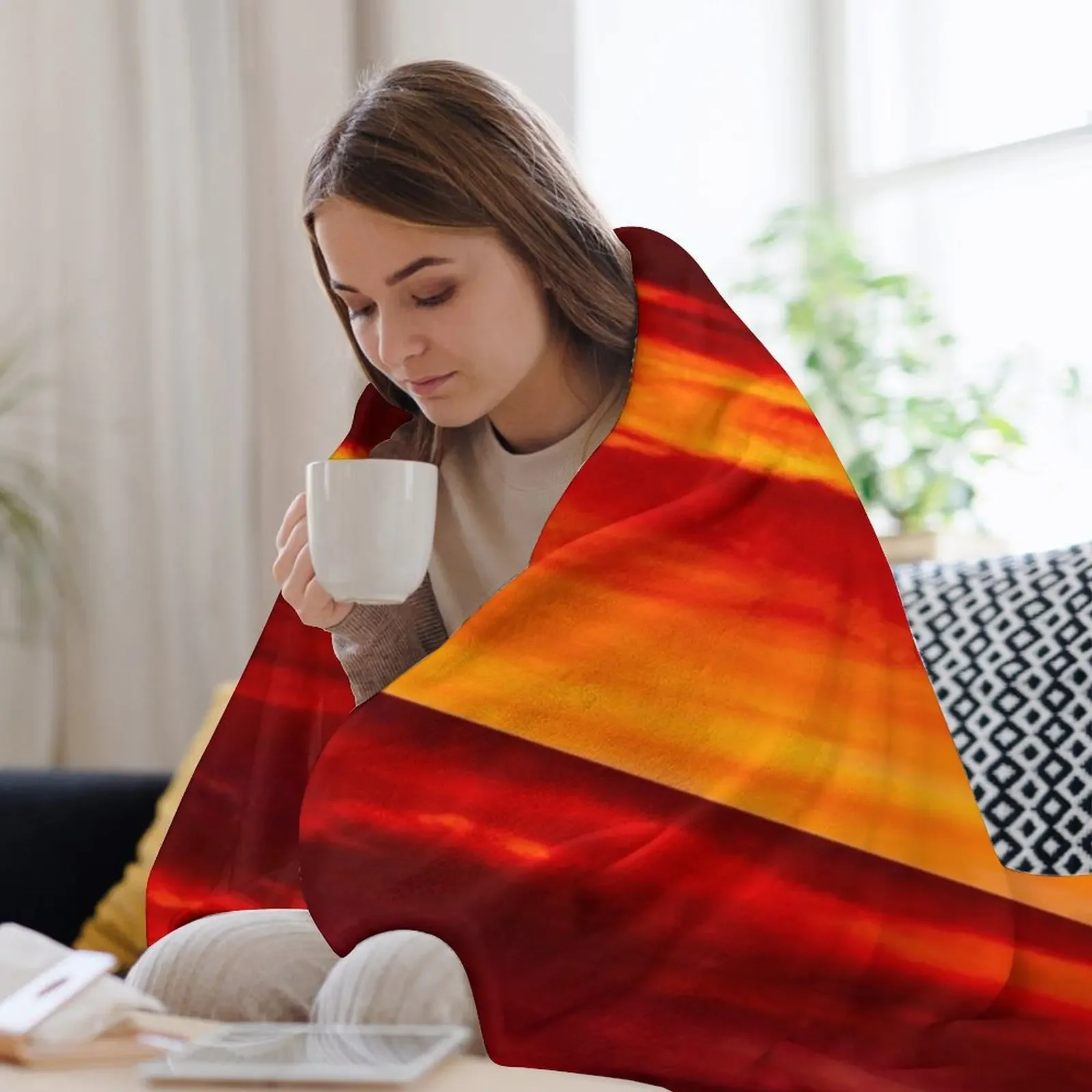 Coperta da tiro con texture arancione al tramonto Flanelle polari Bellissime coperte sottili