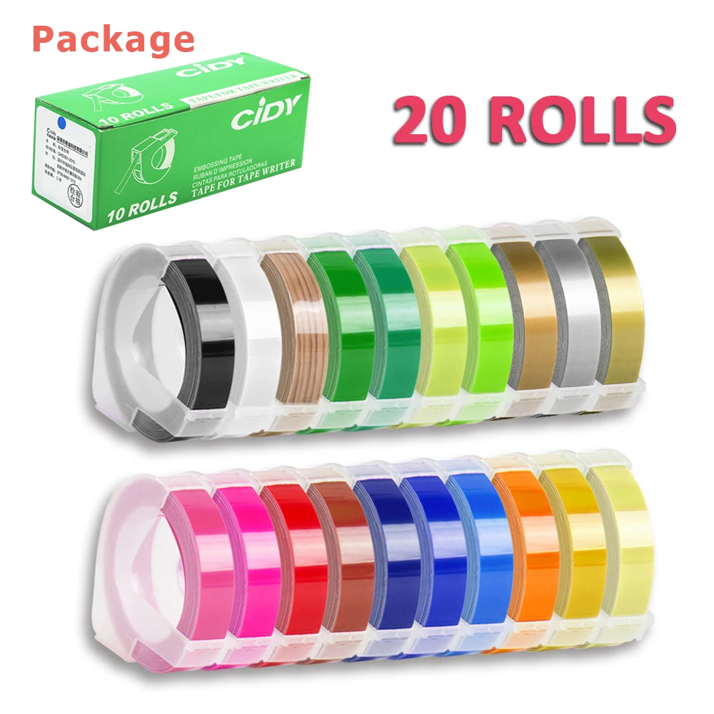 20Rolls 9mm*3M Mixed Color For DYMO 3D Embossing Tape Plastic Refills For DYMO 12695 Omega Motex E101 1610 1880 Blind Typewriter