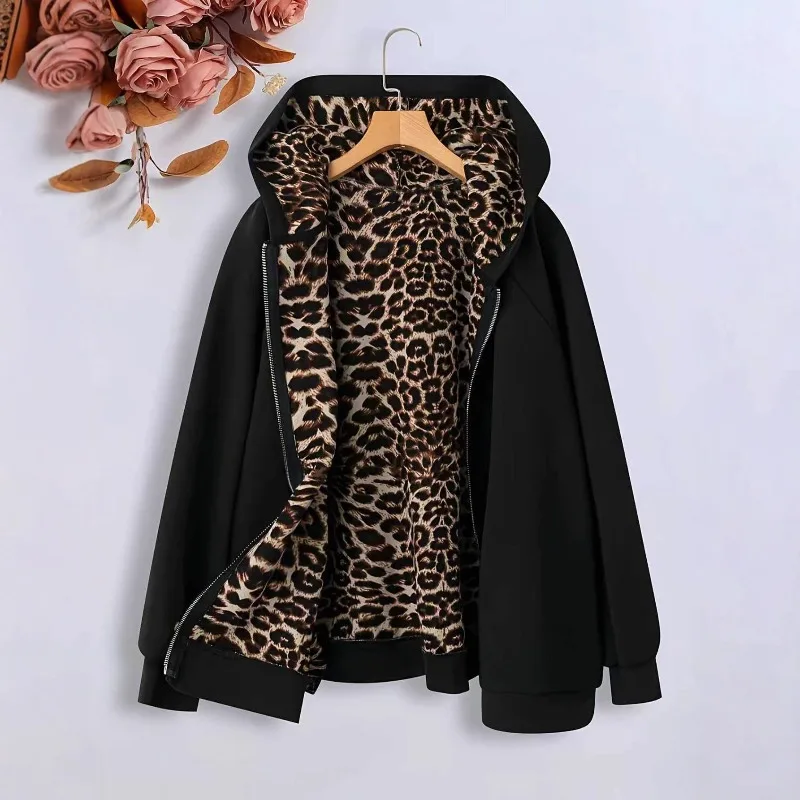 Outono novo leopardo impressão plus size casual casaco de cor sólida, casaco feminino de manga comprida com zíper