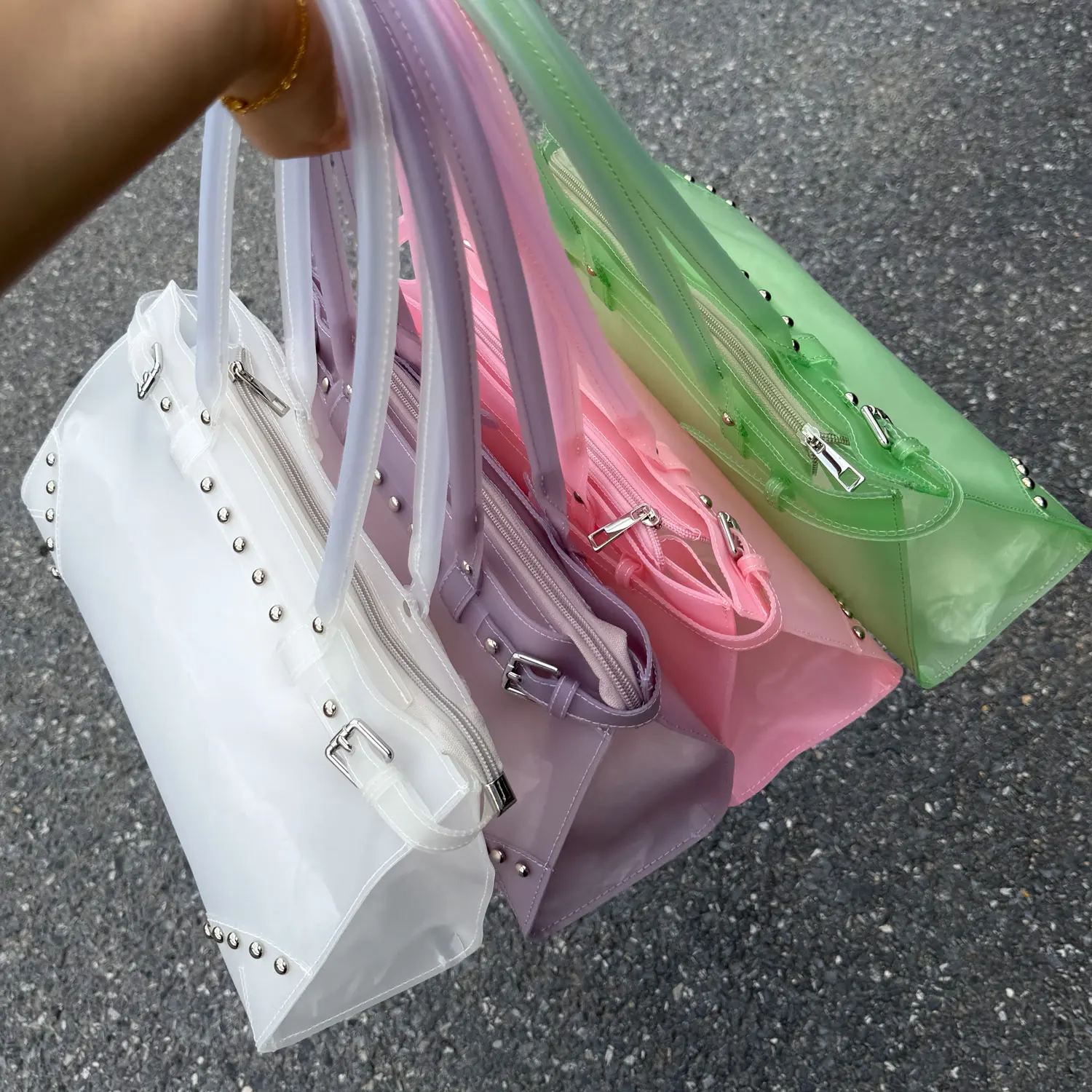 2026 Summer Underarm Jelly Handbag Plastic TPU Transparent Y2K Korean Vintage Zipper Rivet Buckle Motorcycle City Shoulder Bag