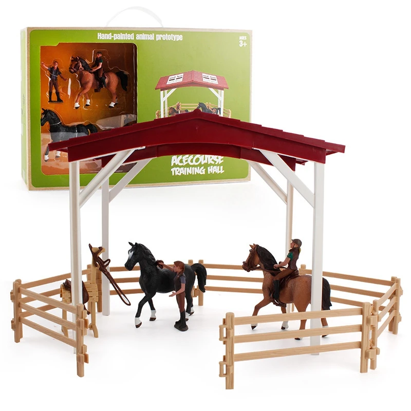 Kids Toys Steed Model Simulated Racecourse Scene Horse Shed Fence Set Animal Figures Horse Trainer DIY Desktop Ornaments