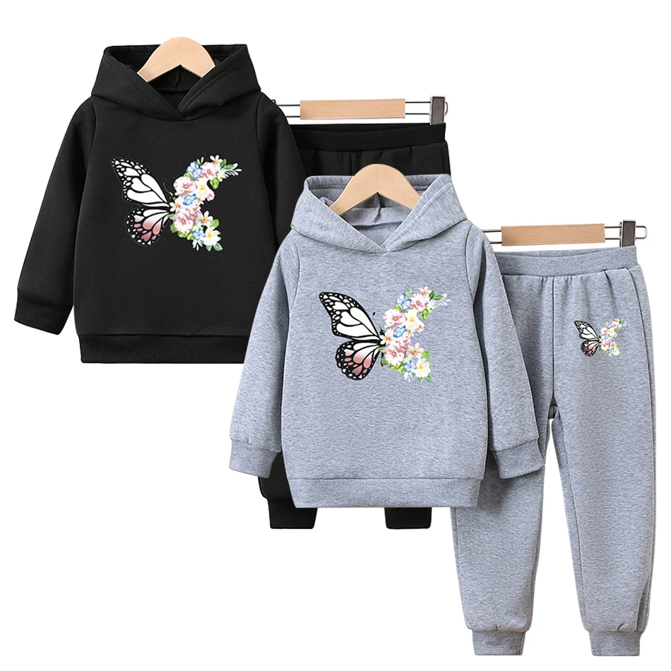 Stylish Girls Hoodies and Long Pants Sets with Eye Catching Butterfly Print Ultimate Comfortable and Trendy Look in Cool Months