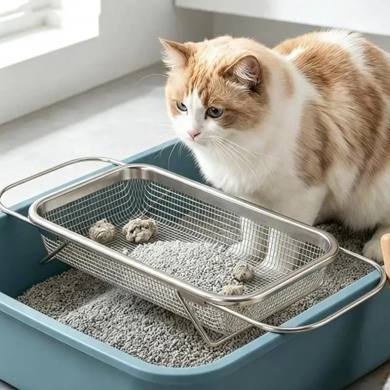 Edelstahl-Katzenstreuschaufel mit ergonomischem Griff und breitem Sieb zur Entfernung von Katzenstreu, Haustierbedarf – Detail 4