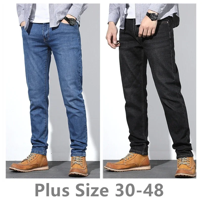 Plus Size 30-48 Men Jeans Casual Fashion Classic Cotton Stretch Long Denim Pants Slim Fit Business Trousers Blue Black