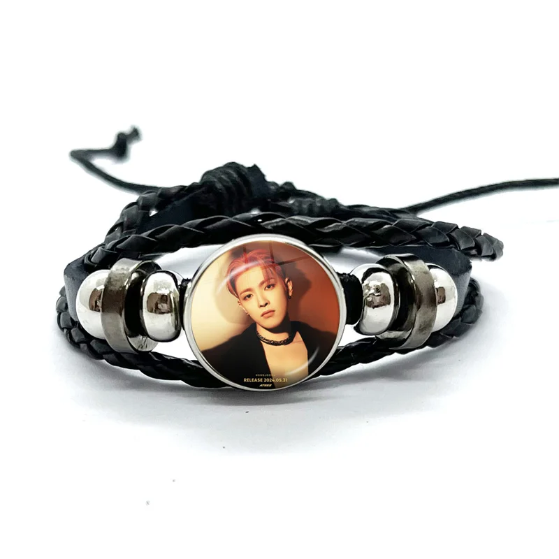 KPOP ATEEZ GOLDEN HOUR Black Leather Bracelets Glass Dome Multilayer Braided Bangles Jewelry Gifts