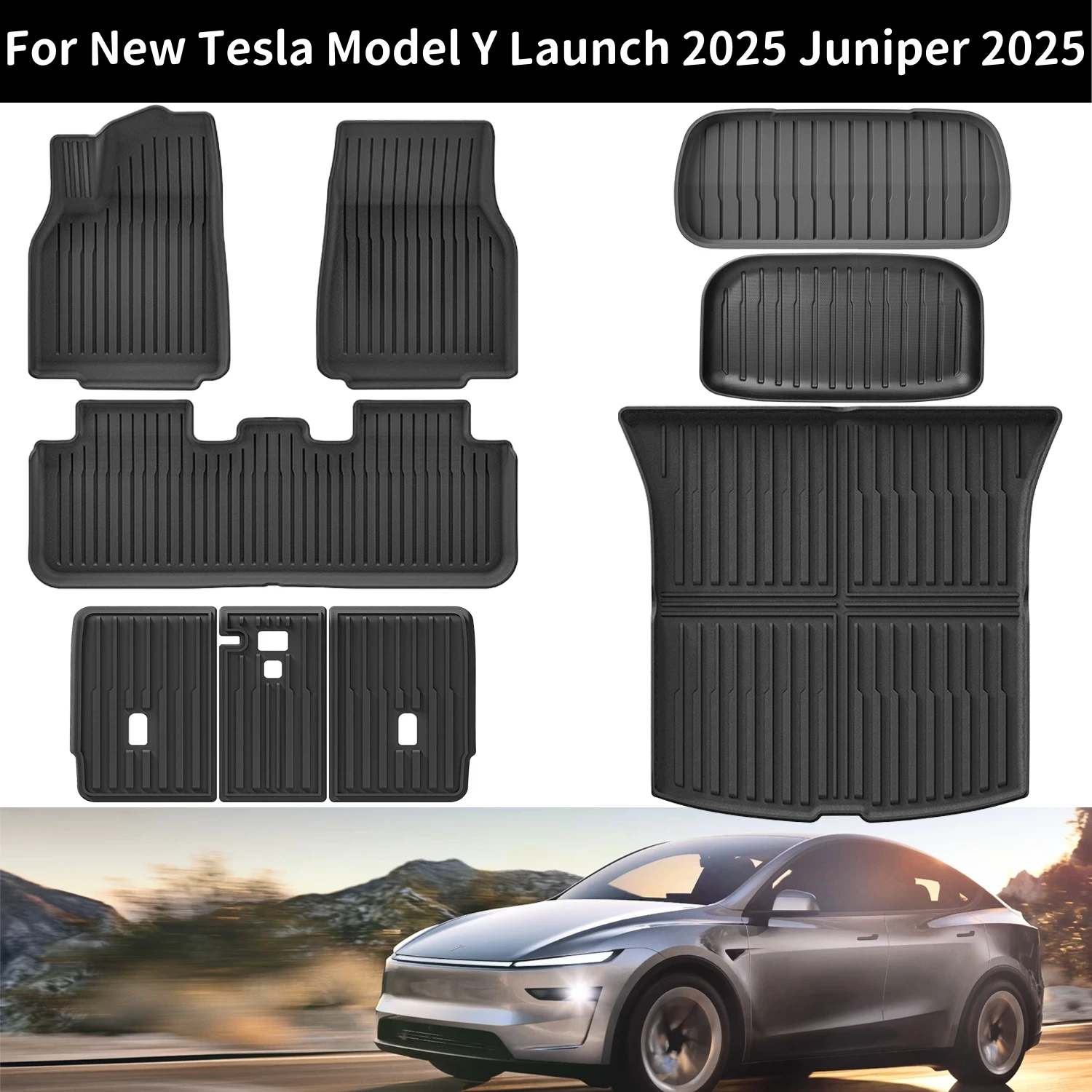 For New Tesla Model Y Launch 2025+ Juniper 2025+ TPE Floor Mats & Cargo Liner, All Weather Trunk Mats Floor Liner Backrest Mats